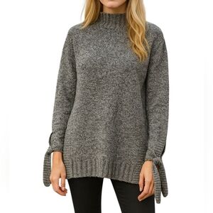 Anthropologie Moon River Sweater XS Charcoal Gray Wool Mock Neck Tie Sleeve Soft